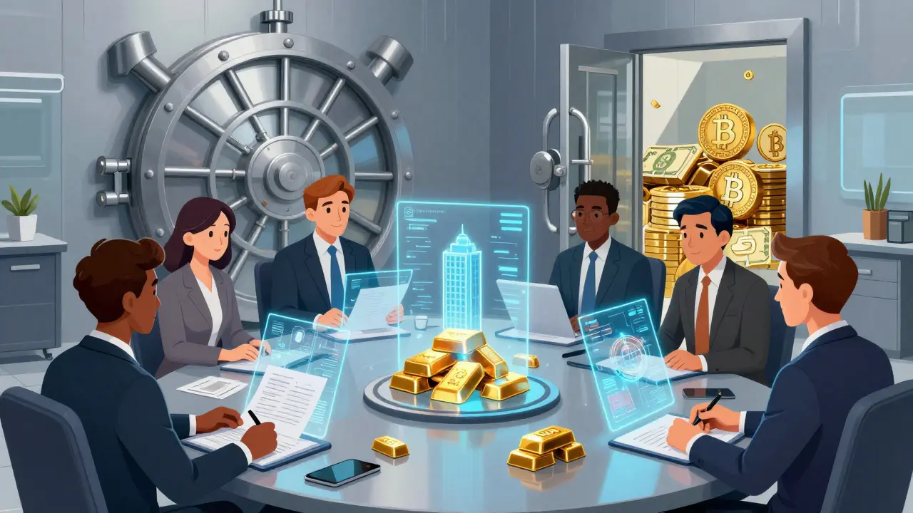 Corporate boardroom viewing holographic tokenized assets and Bitcoin