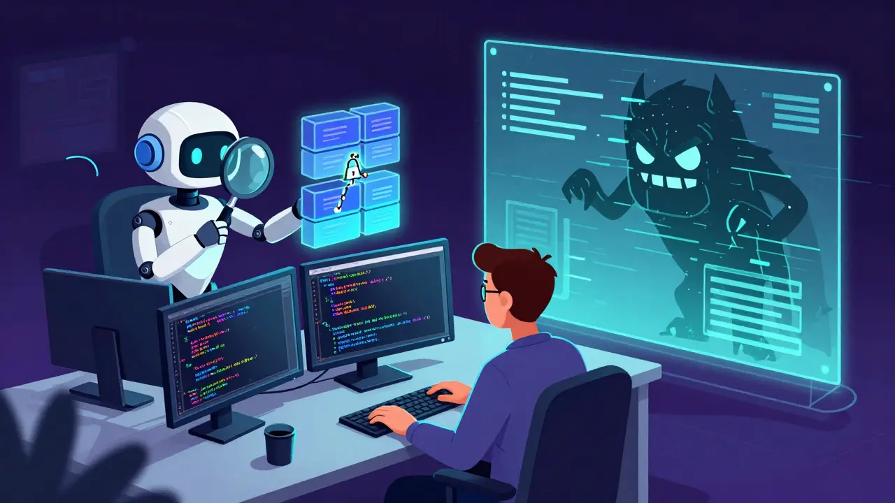 Developer with AI robot blocking shadowy hacker from encrypted blockchain