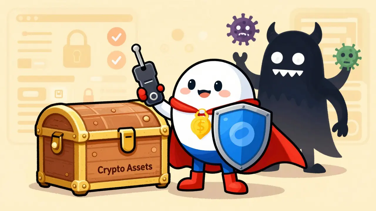 Digital wallet hero protecting assets from malware monsters with hardware key