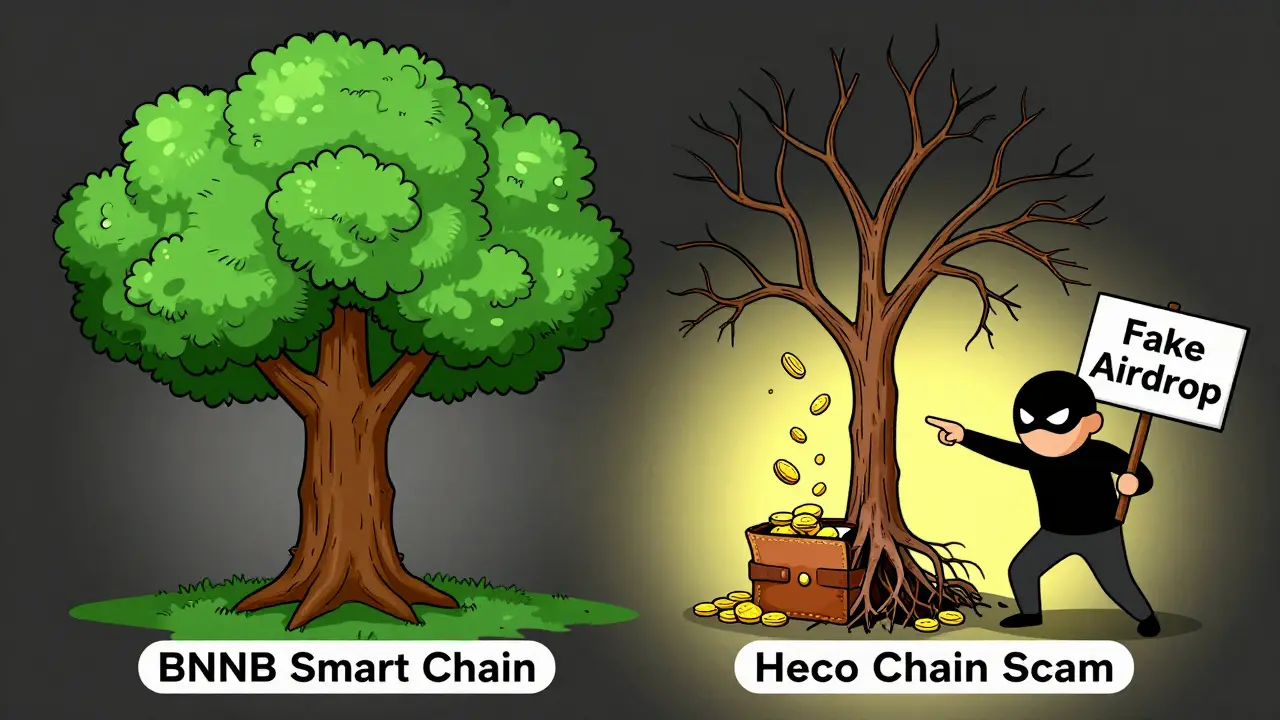 Editorial cartoon showing scammer draining wallet via fake Heco chain vs real BNB chain.