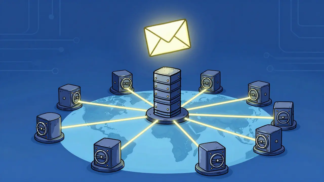 Encrypted letter floating over a global network of secure nodes
