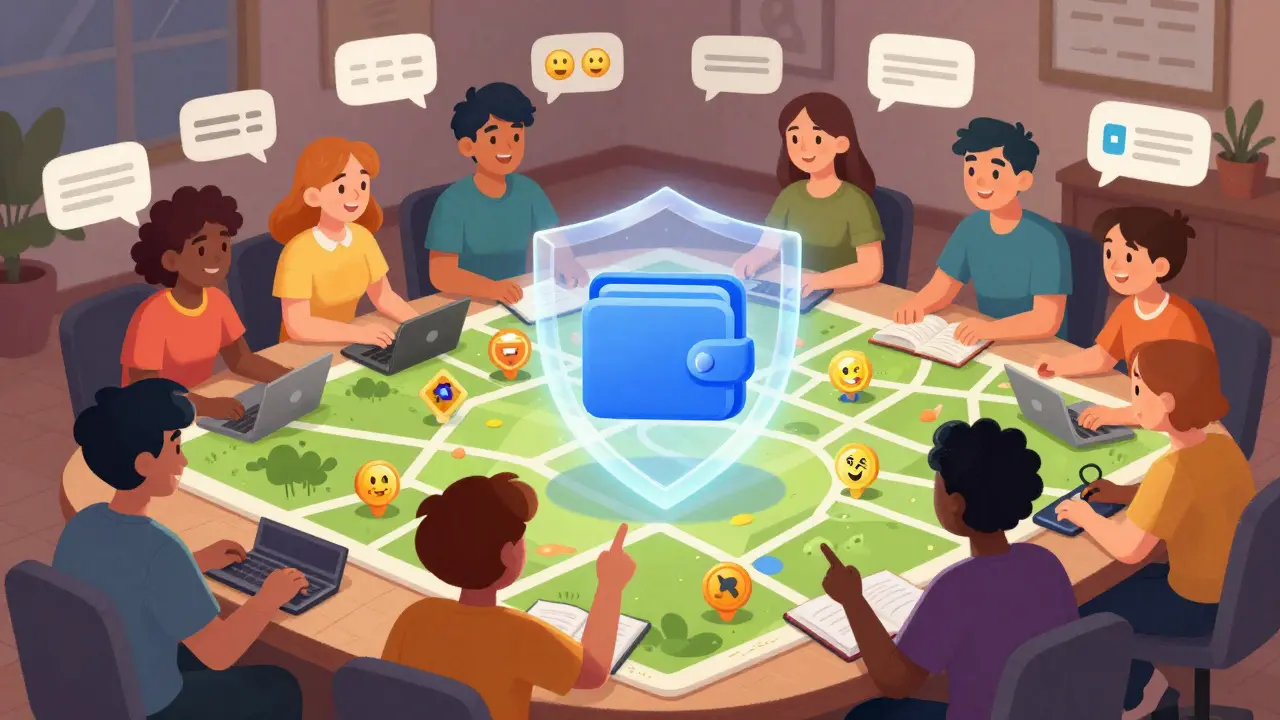 Gamers collaborating around map with secure wallet