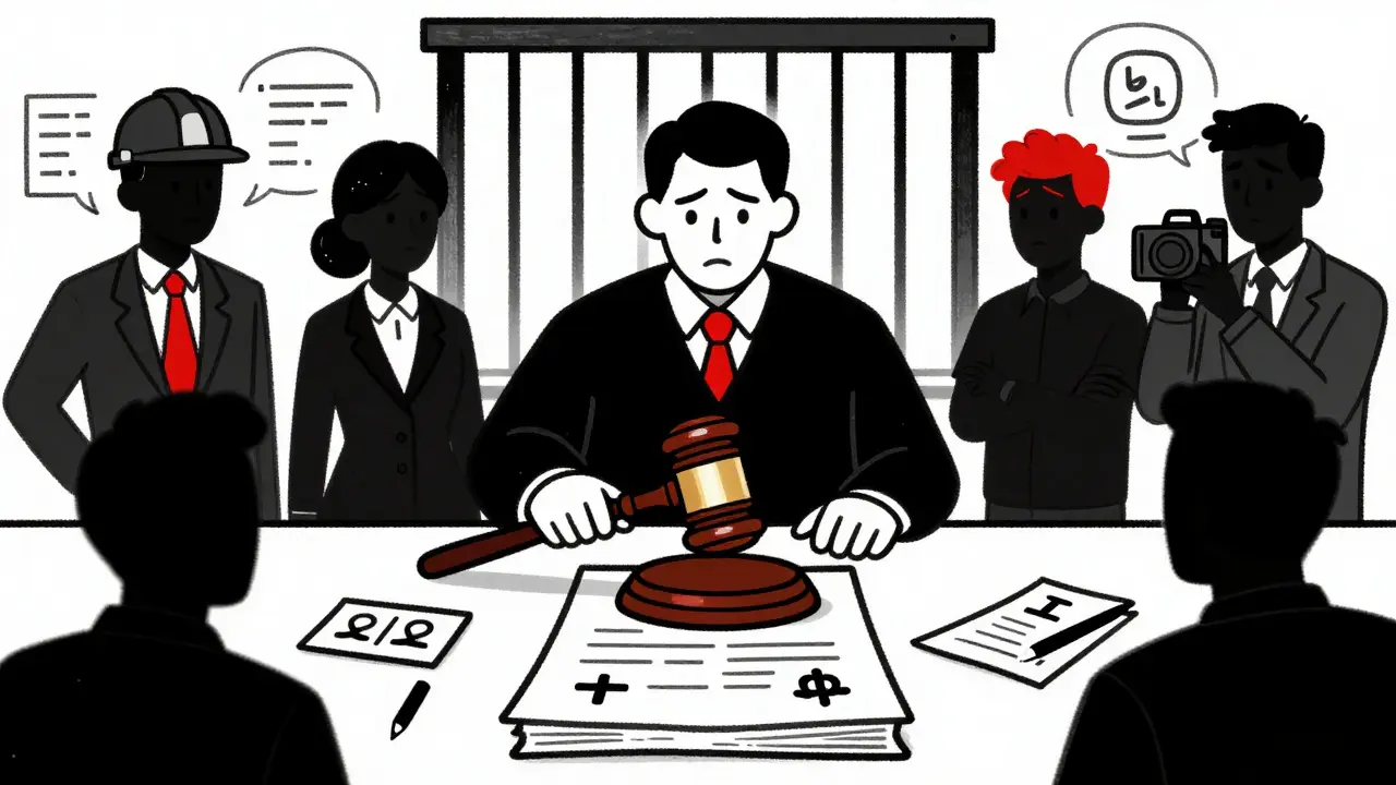 Gavel striking down on fines and prison bars, with worried developers and influencers