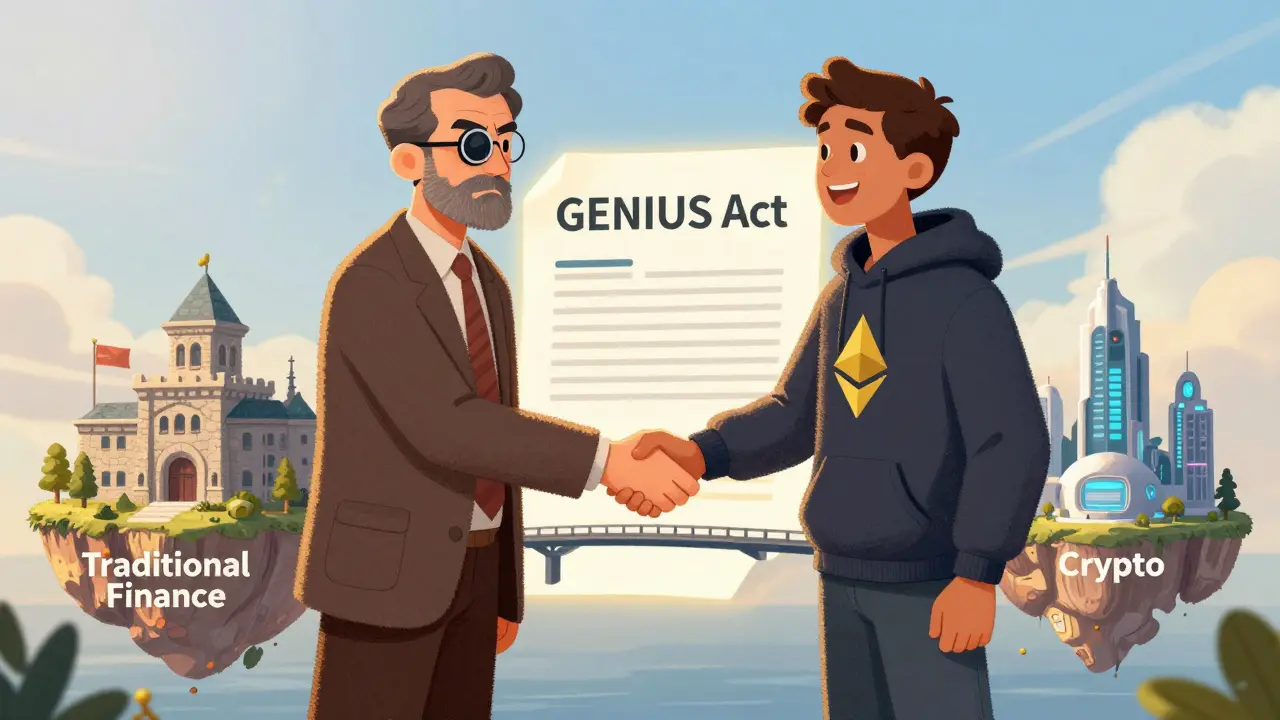 Hand-drawn art of banker and tech expert shaking hands over GENIUS Act