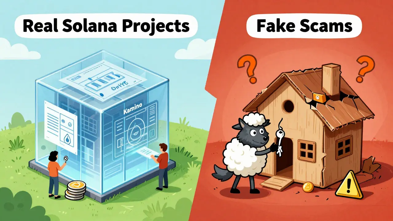 Illustration comparing secure real Solana projects with dangerous fake scam houses