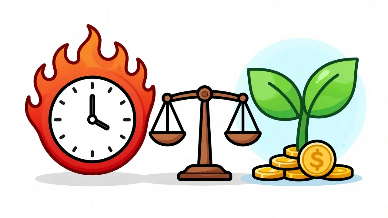 Illustration comparing short-term red fire vs long-term green growth taxes