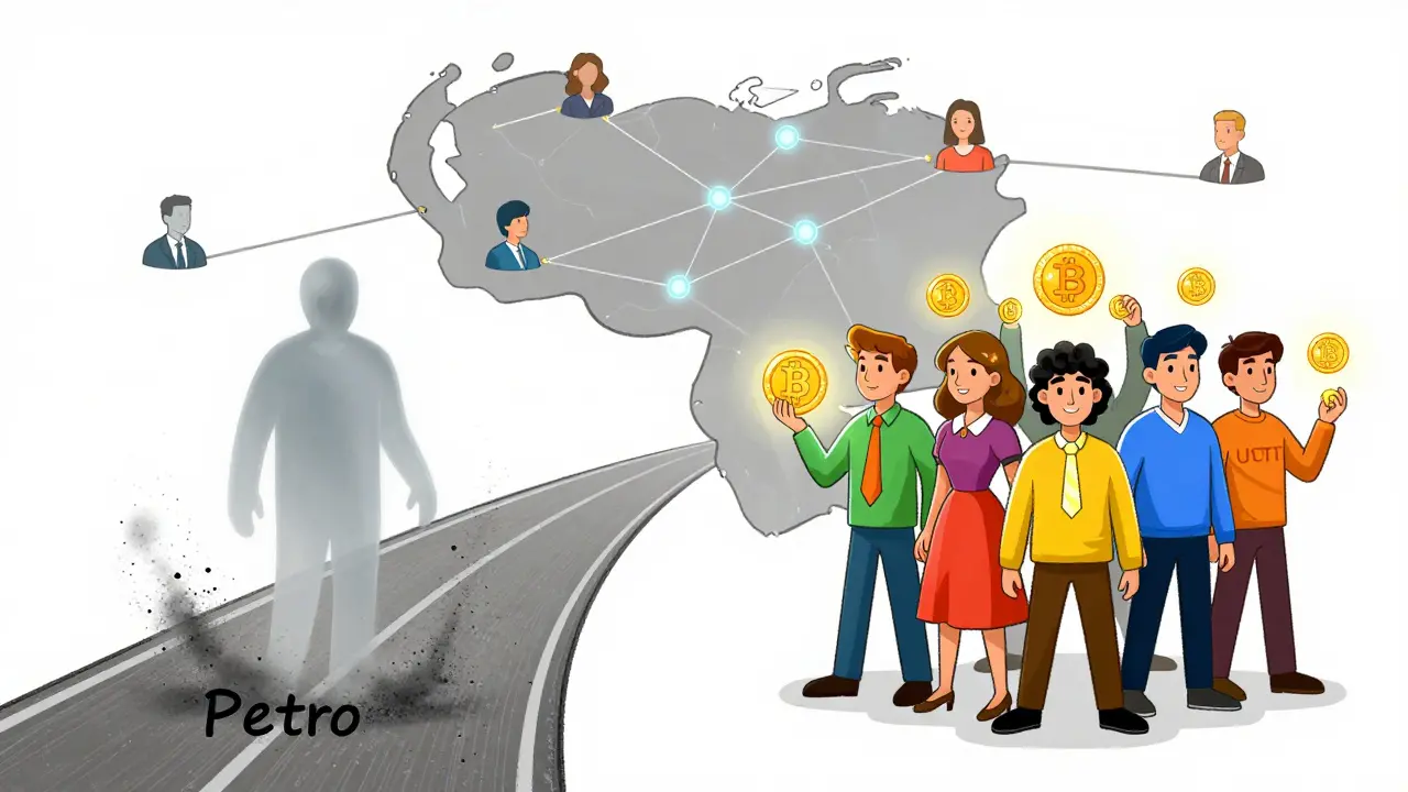 Illustration contrasting failed state crypto with successful Bitcoin use