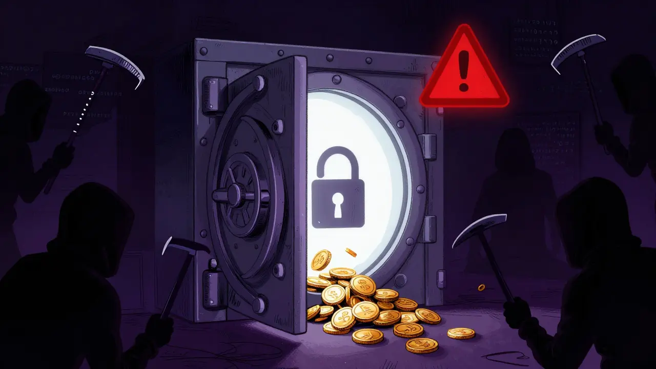 Illustration of a breached crypto vault with coins spilling into shadows