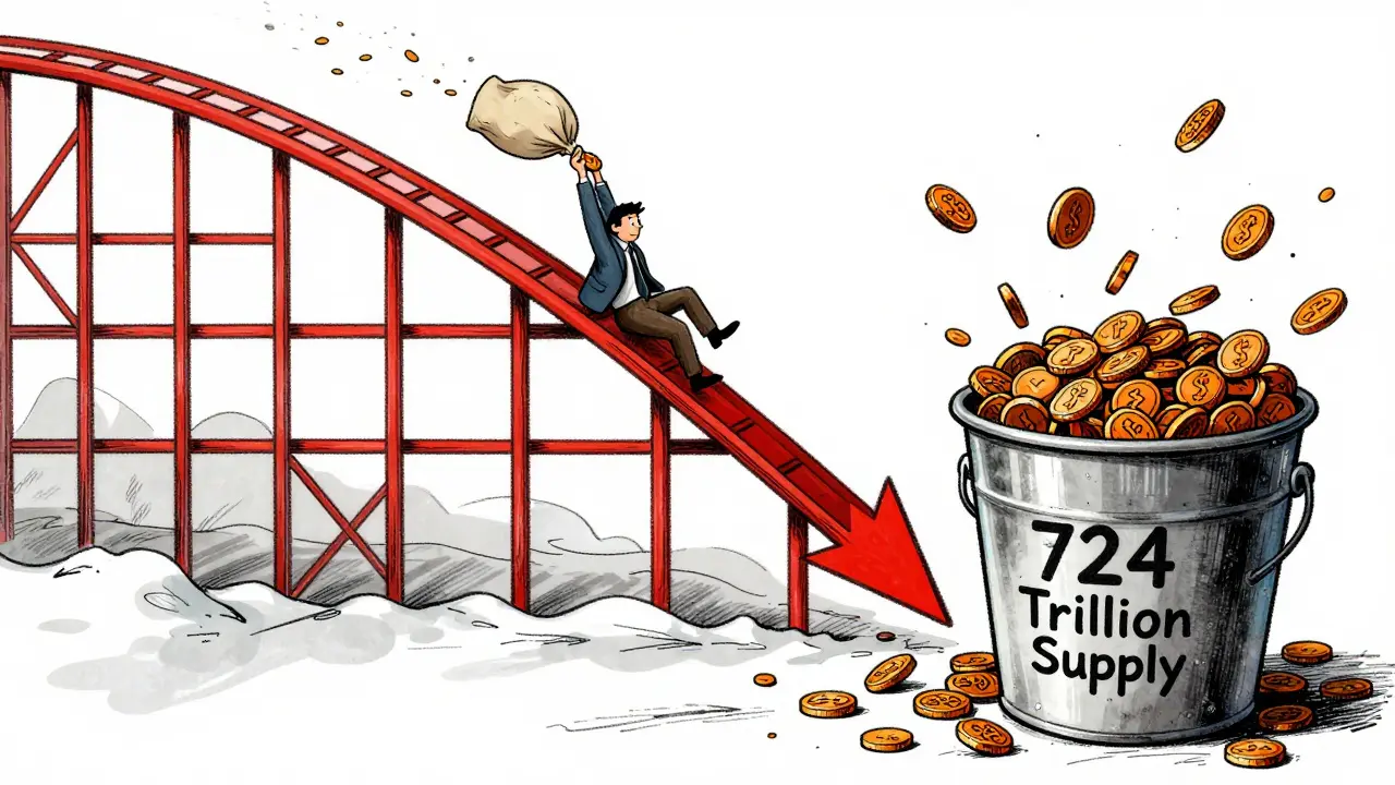 Illustration of a crashing price chart and overflowing token supply bucket