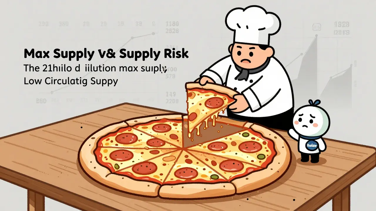 Illustration of a pizza slice shrinking as more slices are added, showing token dilution