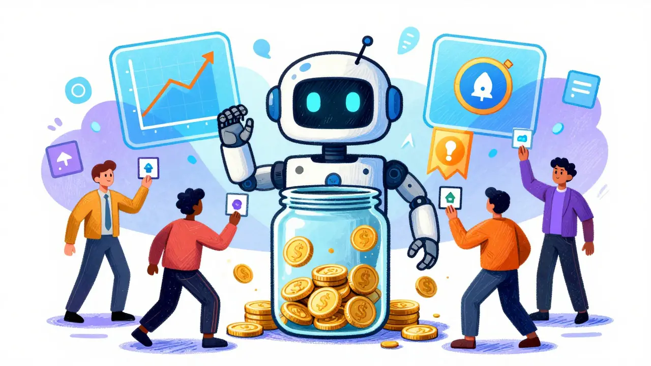 Illustration of AI robots and diverse users voting in a DAO