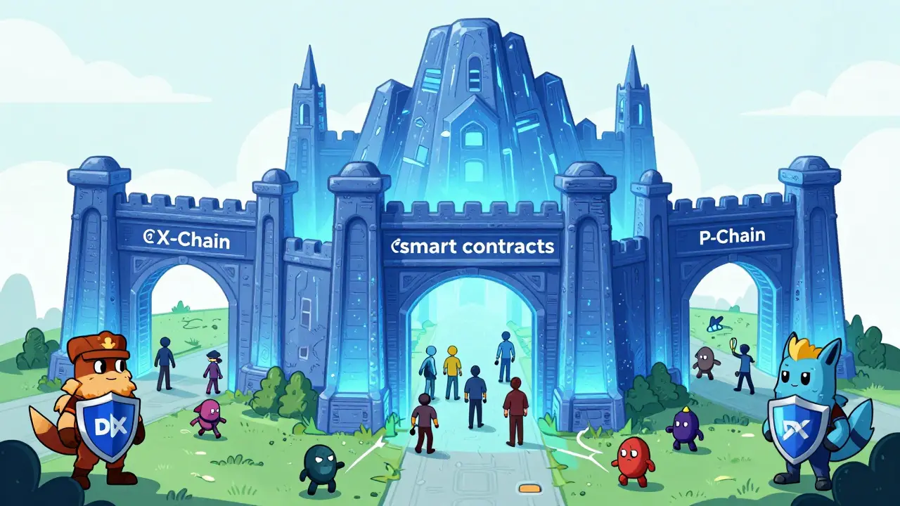 Illustration of Avalanche blockchain structure with secure DEXs protecting users from scams.