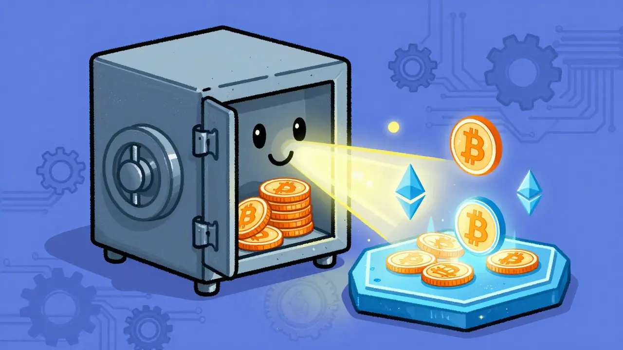 Illustration of Bitcoin being locked in a vault to mint wrapped tokens