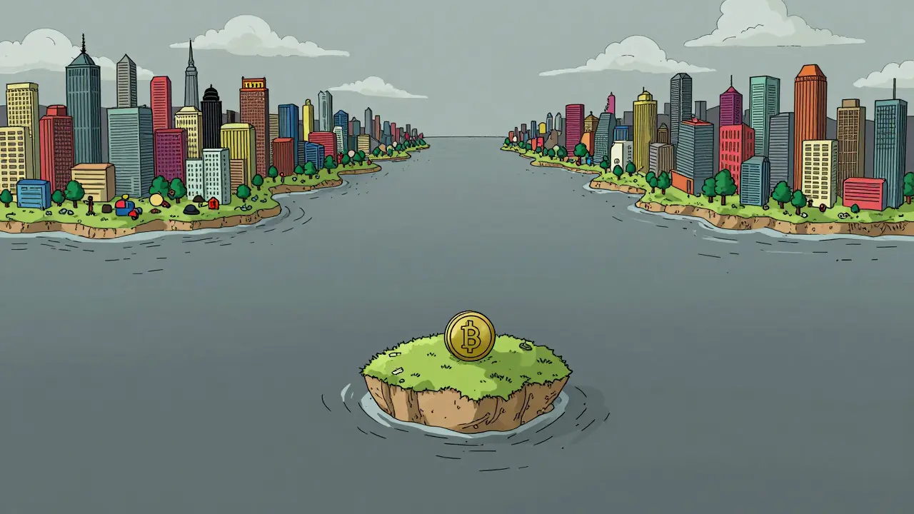 Illustration showing isolated crypto token vs busy markets