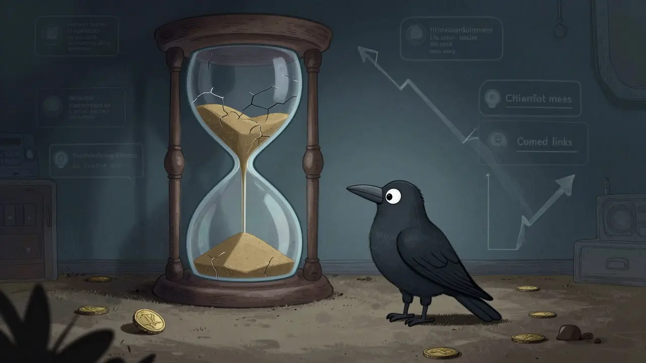 Lonely crow on pedestal with hourglass