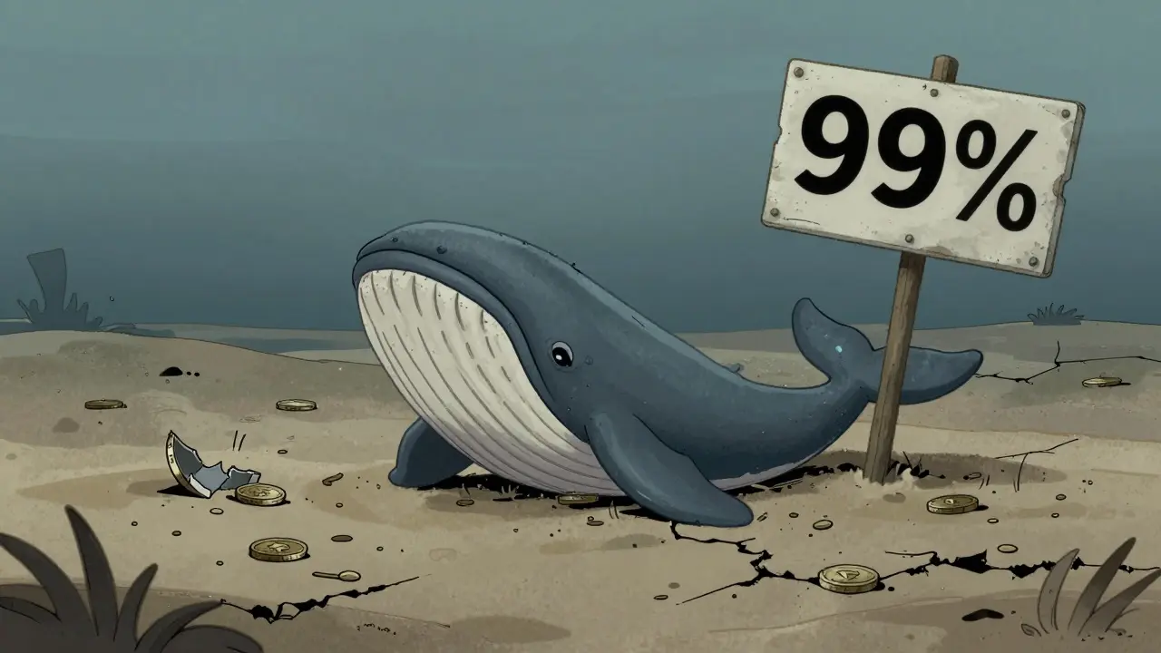 Lonely faded whale on deserted ocean floor symbolizing decline