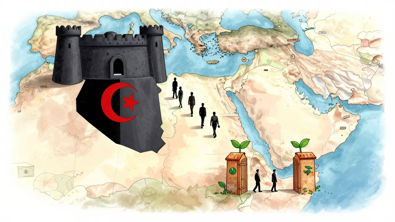 Map of North Africa showing Algeria as a locked fortress with people leaving