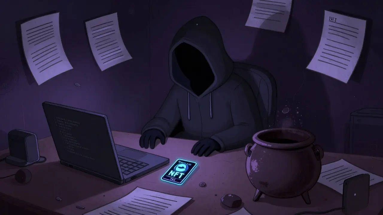 Mysterious hooded figure with an empty staking pot and NFT card