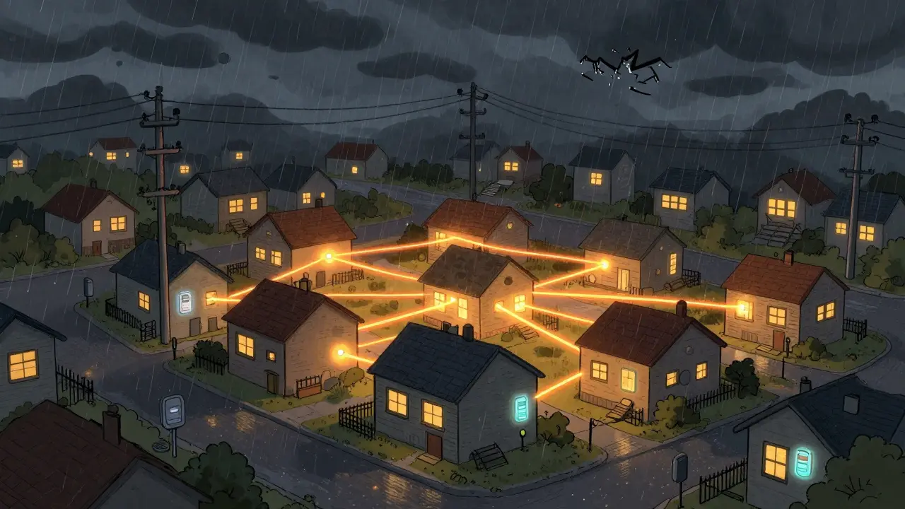Neighborhood microgrid keeping lights on during a storm via P2P trading