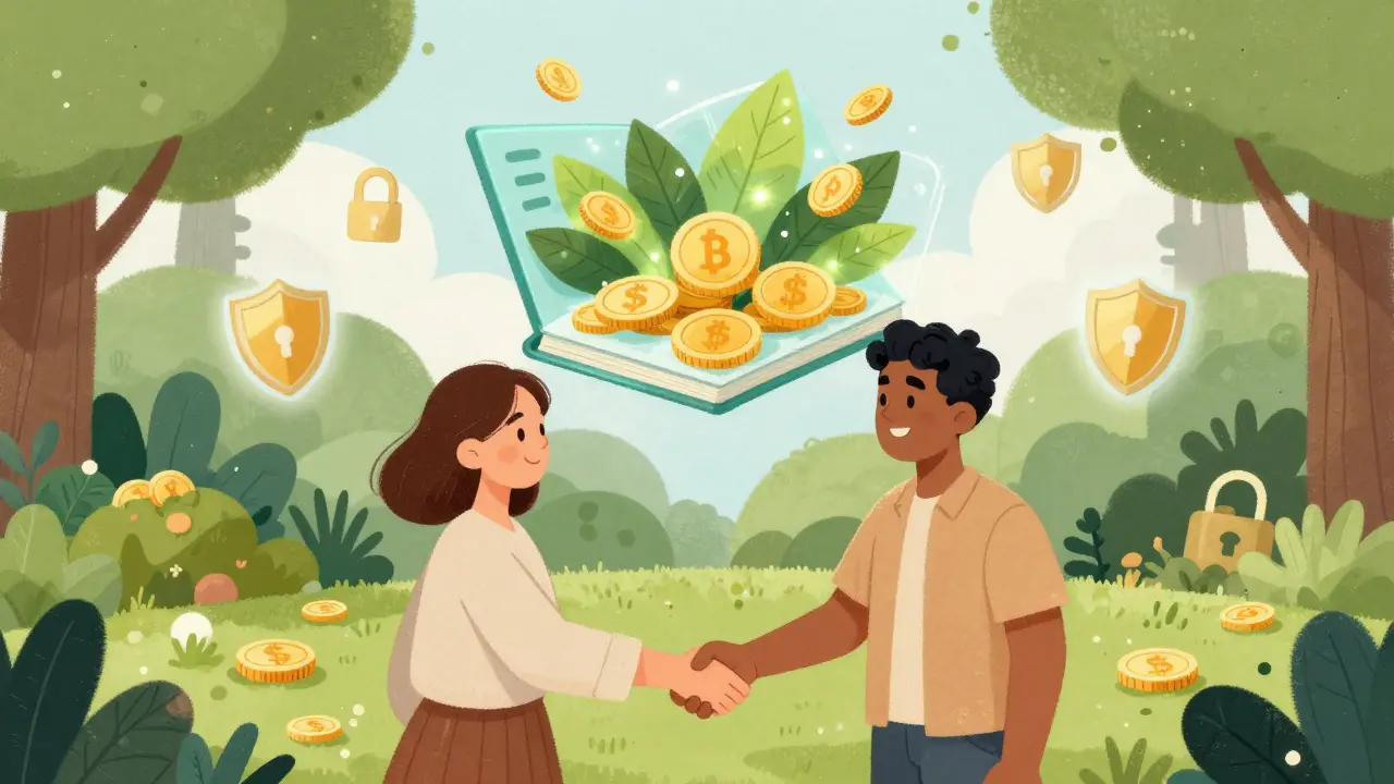 Neighbors shaking hands with floating symbols of transparent energy trade