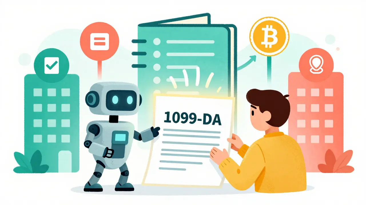 Robot accountant helping user with new 1099-DA crypto tax forms
