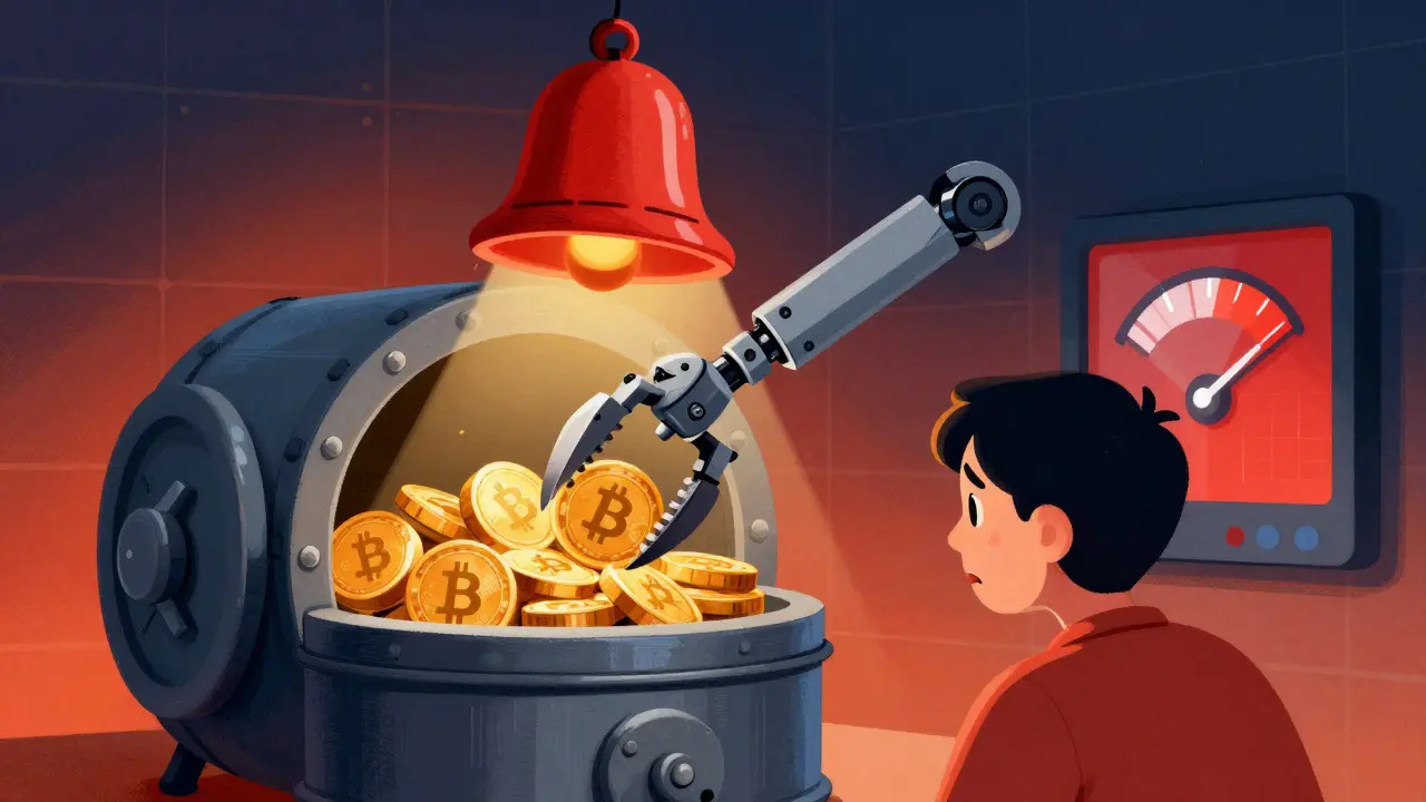 Robot arm liquidating crypto assets as alarm bell rings