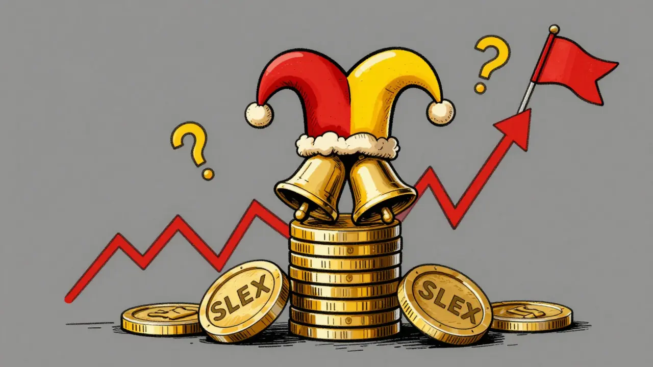 SLEX tokens under jester hat with volatile chart and red warning flags