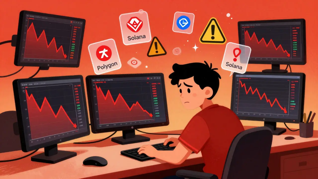 Stressed trader facing volatile crypto charts