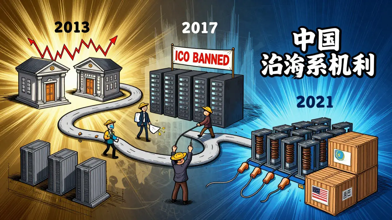 Timeline illustration of China's crypto ban history and mining exodus