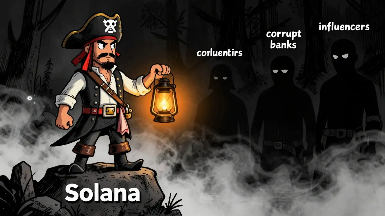 A cartoon pirate standing on a Solana rock, shining a light against shadowy corporate figures.