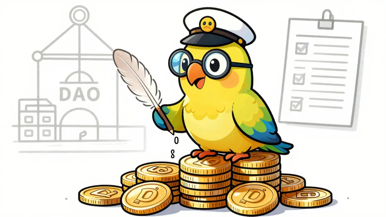 An illustrated parrot captain sitting on dissolving crypto coins, holding a voting quill.