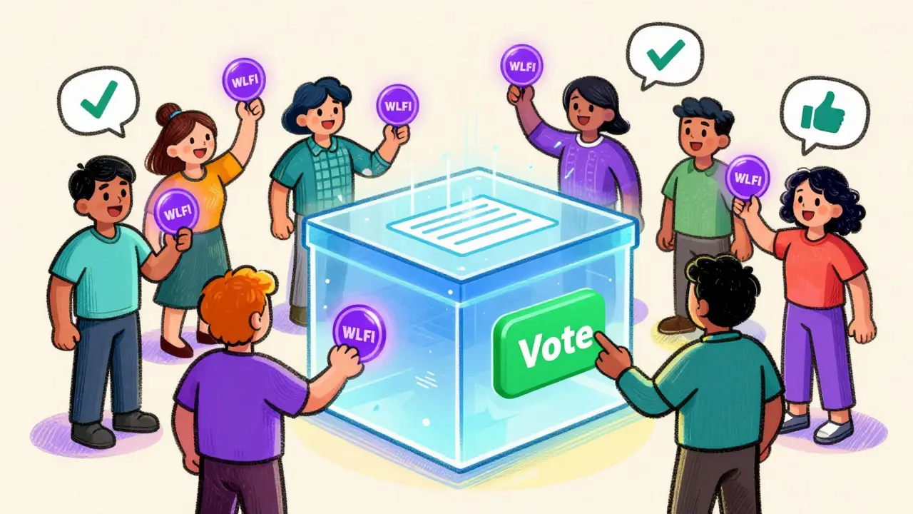 Cartoon characters voting with glowing tokens in a decentralized finance ecosystem.