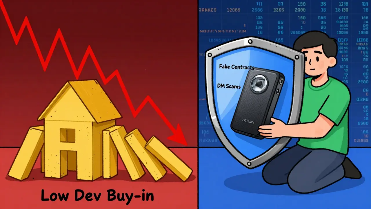 Cartoon comparing crypto risks with safe wallet security practices.