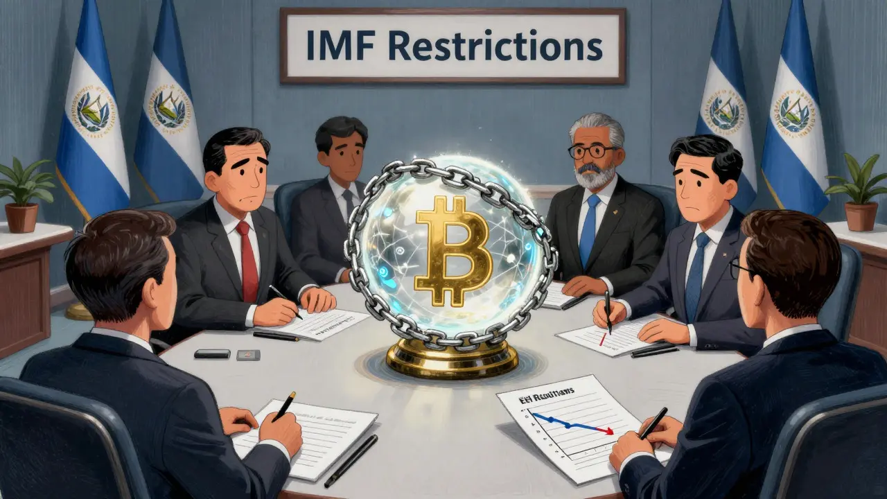Cartoon depicting IMF officials restricting Bitcoin usage with chains in a formal meeting setting.