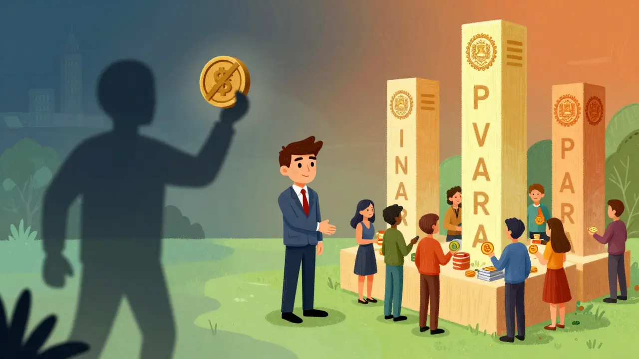 Cartoon illustration showing shift from crypto ban to regulated market pillars