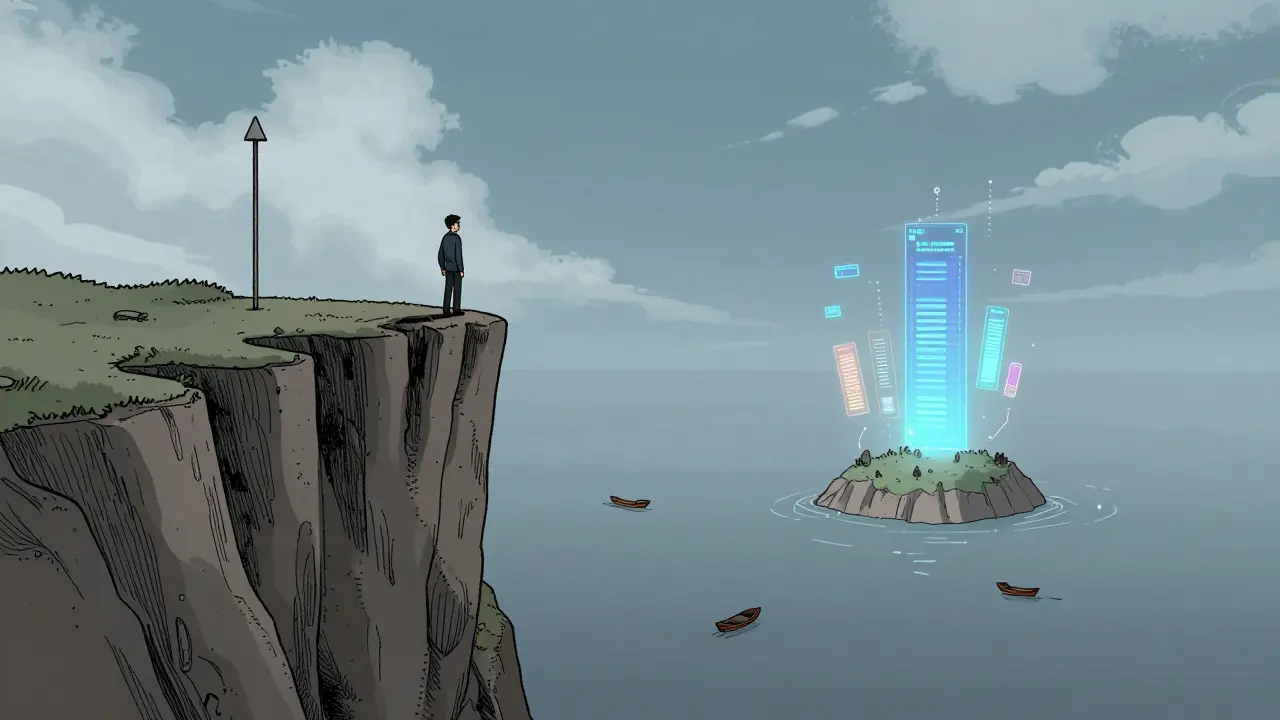 Cartoon investor standing near a price drop cliff with limited trading options.