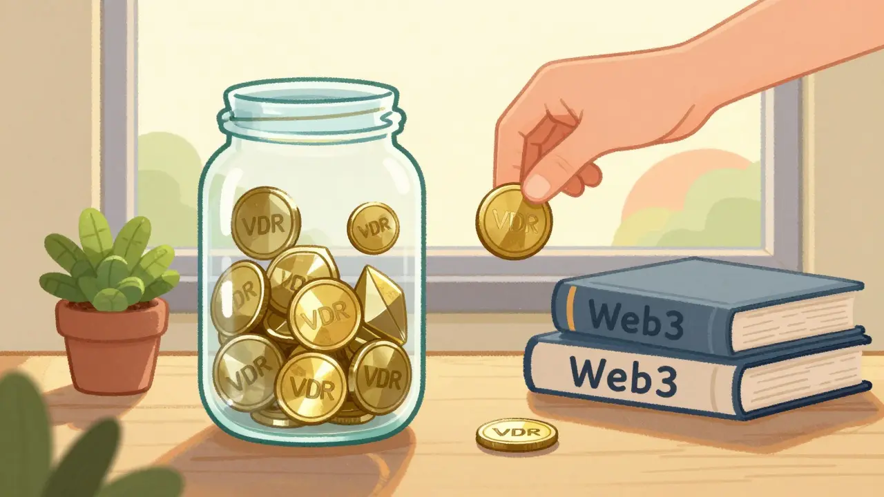 Cartoon jar of VDR tokens symbolizing long-term crypto investment and growth