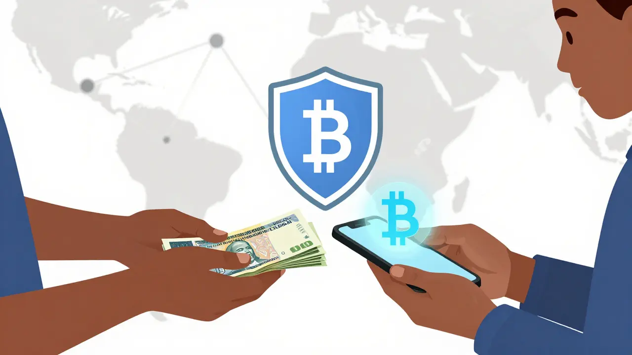 Cartoon of P2P crypto trade with secure escrow shield between users