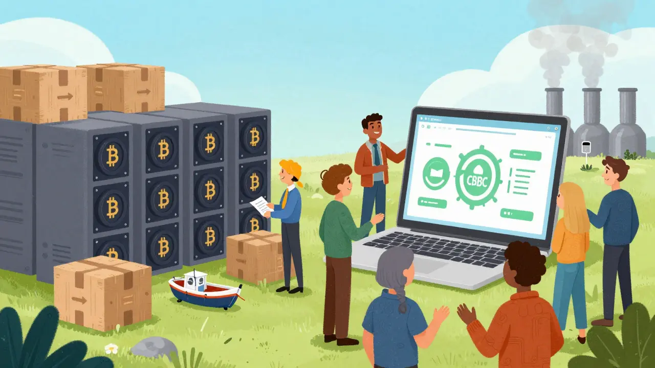 Cartoon showing shift from mining to green blockchain tech