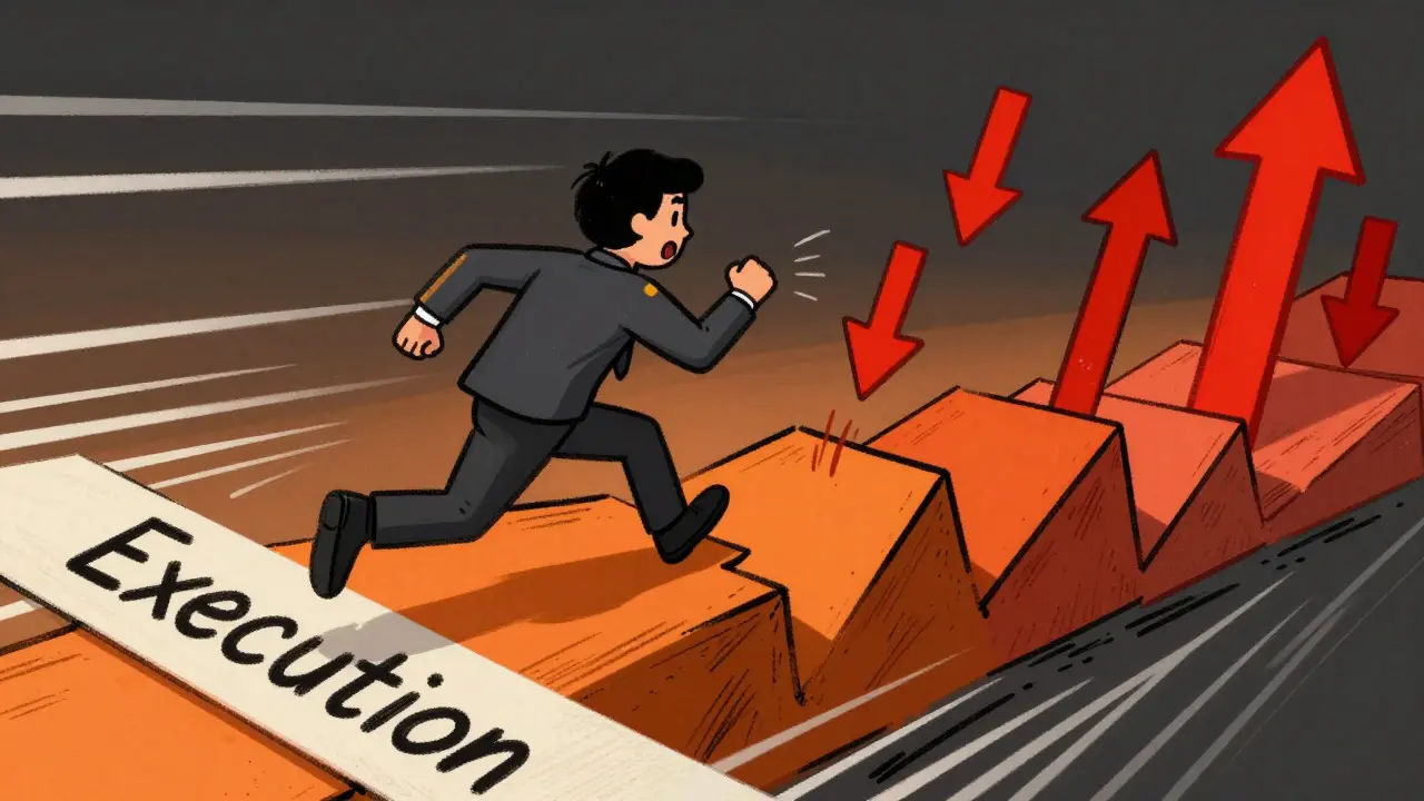 Cartoon trader experiencing slippage as the price jumps unexpectedly