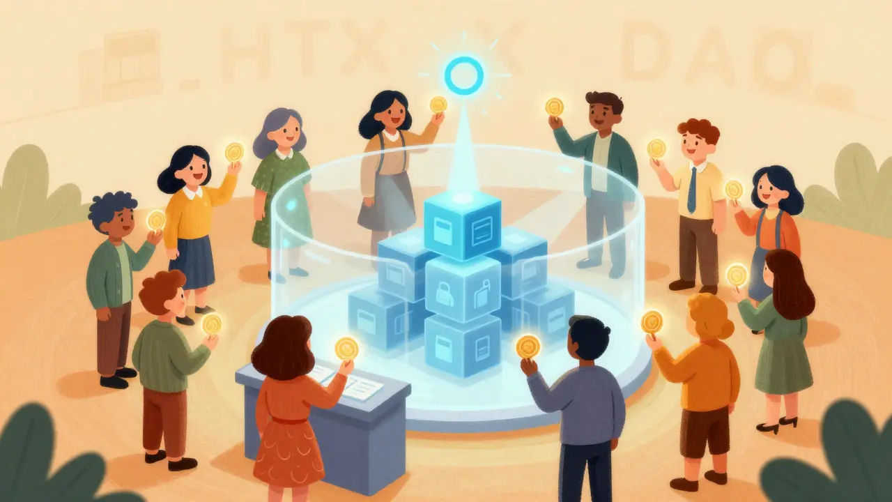Community members voting in a holographic HTX DAO town hall meeting