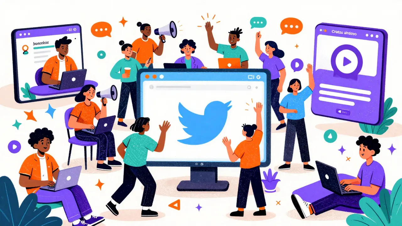 Crowd of characters engaging on social media platforms for crypto rewards