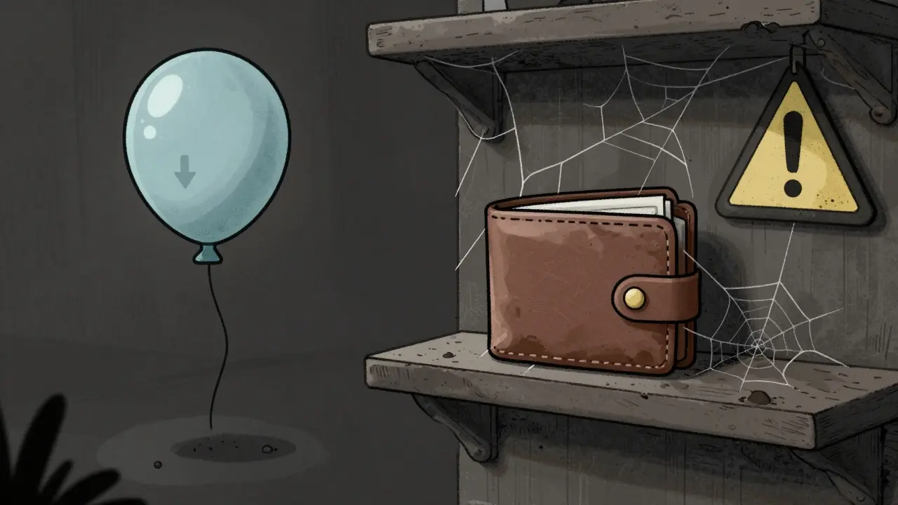 Deflated balloon and dusty wallet showing crypto price crash