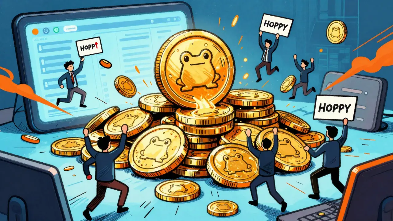 Digital drawing of HOPPY tokens spilling from a wallet with excited traders
