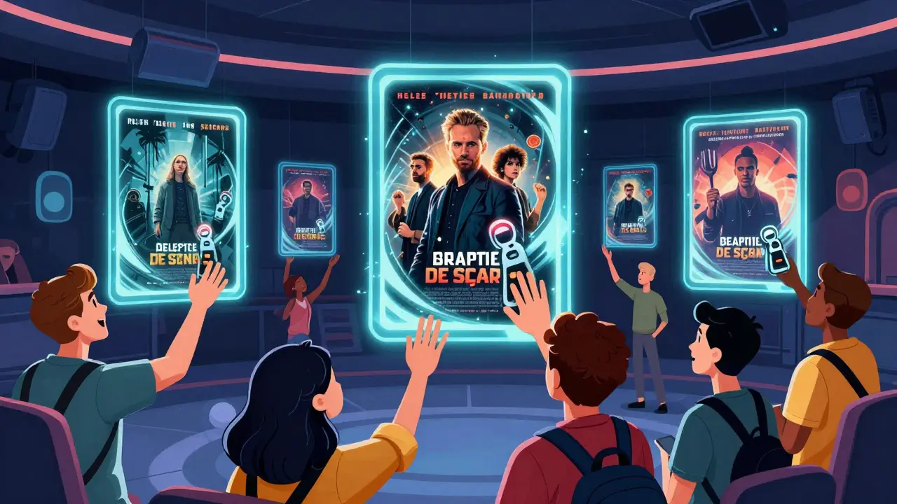Fans interacting with magical NFT movie posters unlocking content