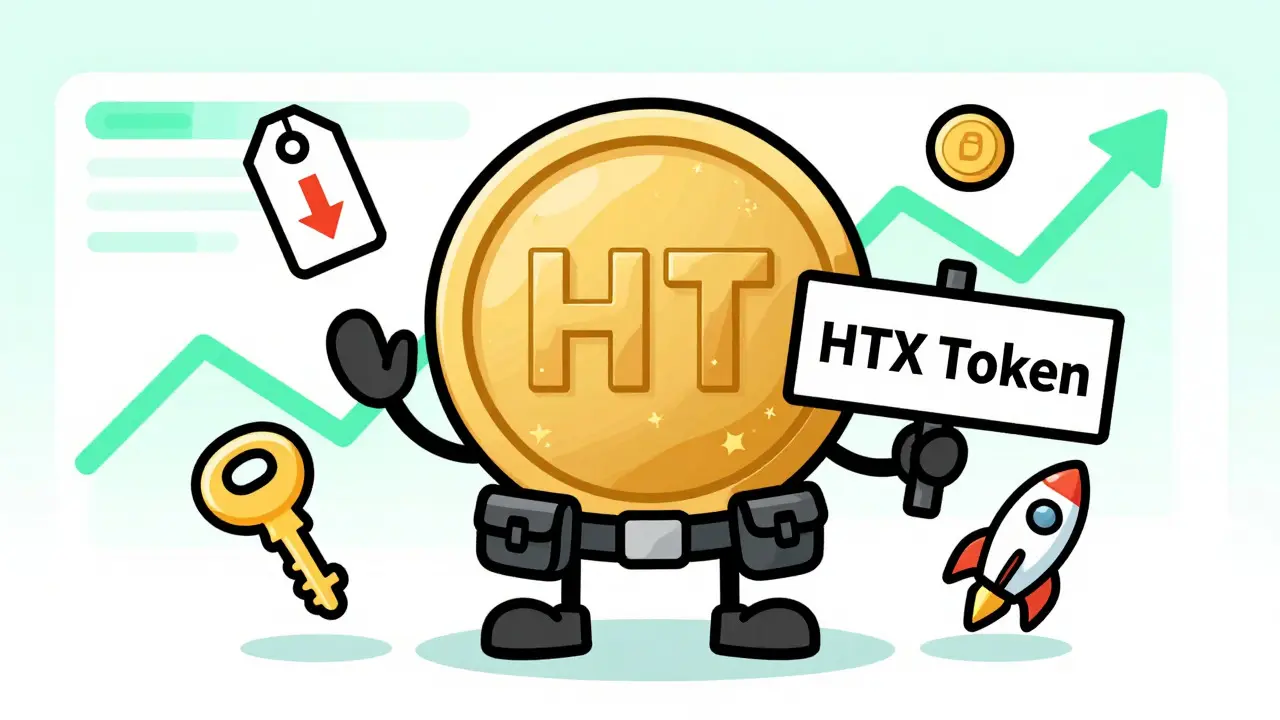 Friendly HTX token character surrounded by fee discount and VIP icons