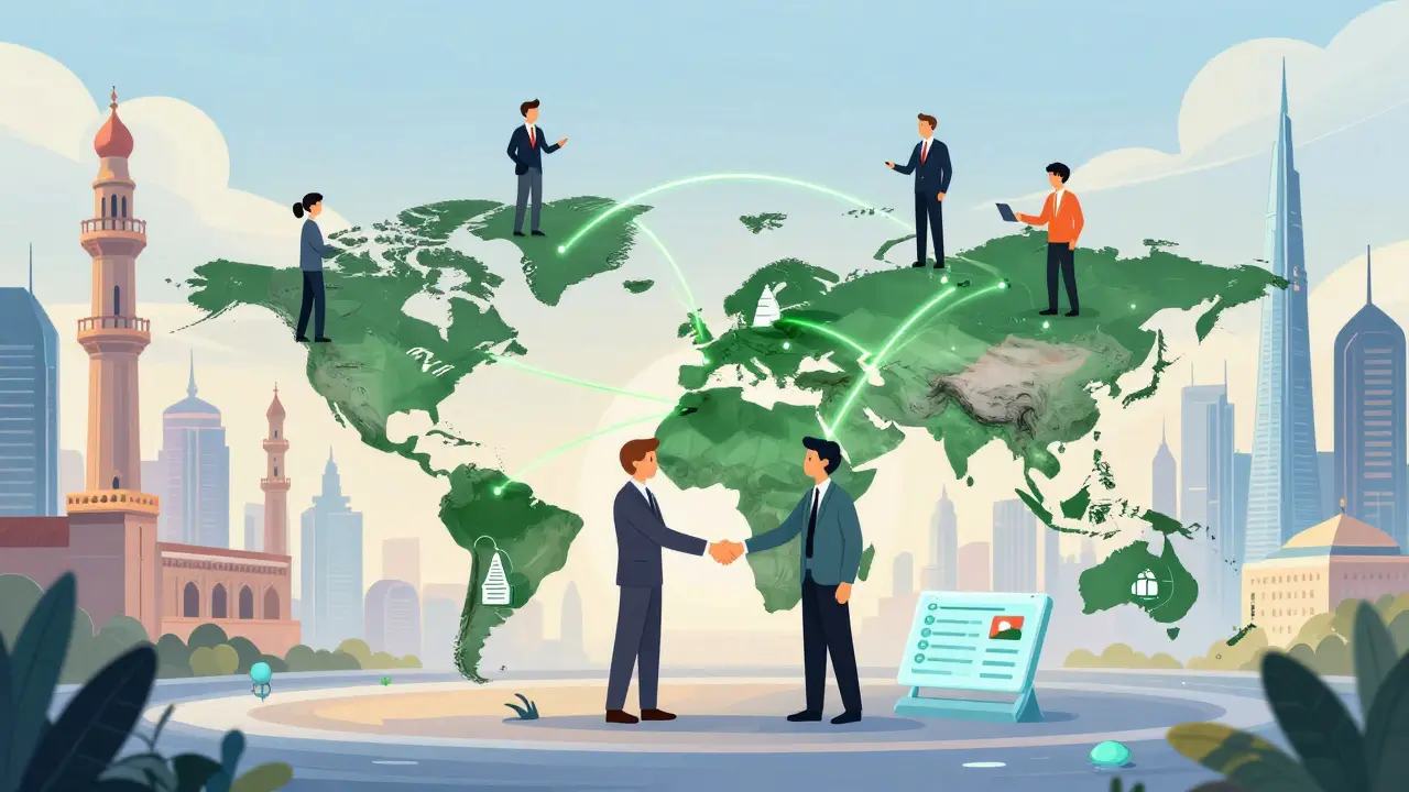 Glowing map of Pakistan connected to global hubs with investors shaking hands