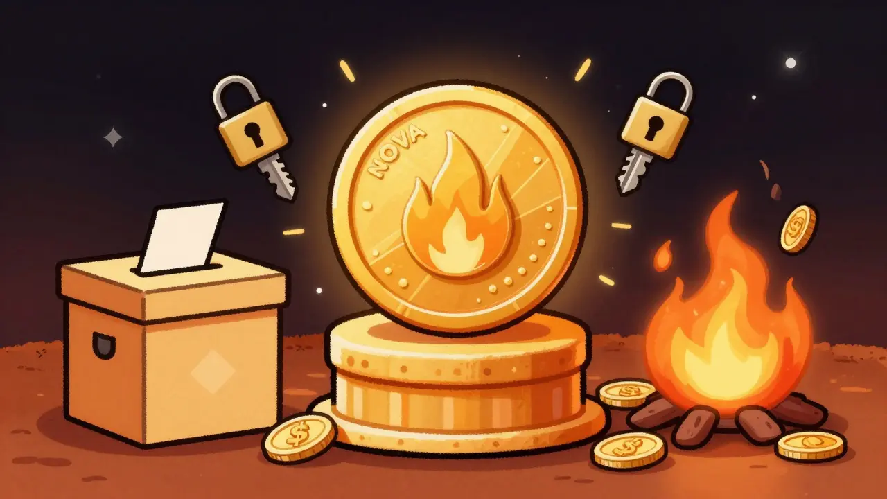 Golden NOVA token surrounded by icons for voting, staking, and burning mechanisms.