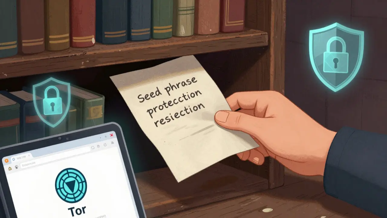 Hand hiding seed phrase in book, laptop showing Tor and VPN for secure blockchain access