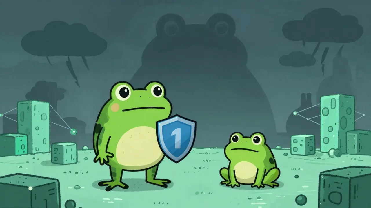 Illustration comparing Hoppy to other frog memecoins in a blockchain world